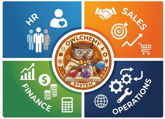 The four quadrants of a business — HR, Sales, Finance, Operations — meeting at a single Owlchemy hub